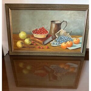 Vintage F. Mekush Artist Signed Fruit Table Original Oil Painting 14x24 Wall Art